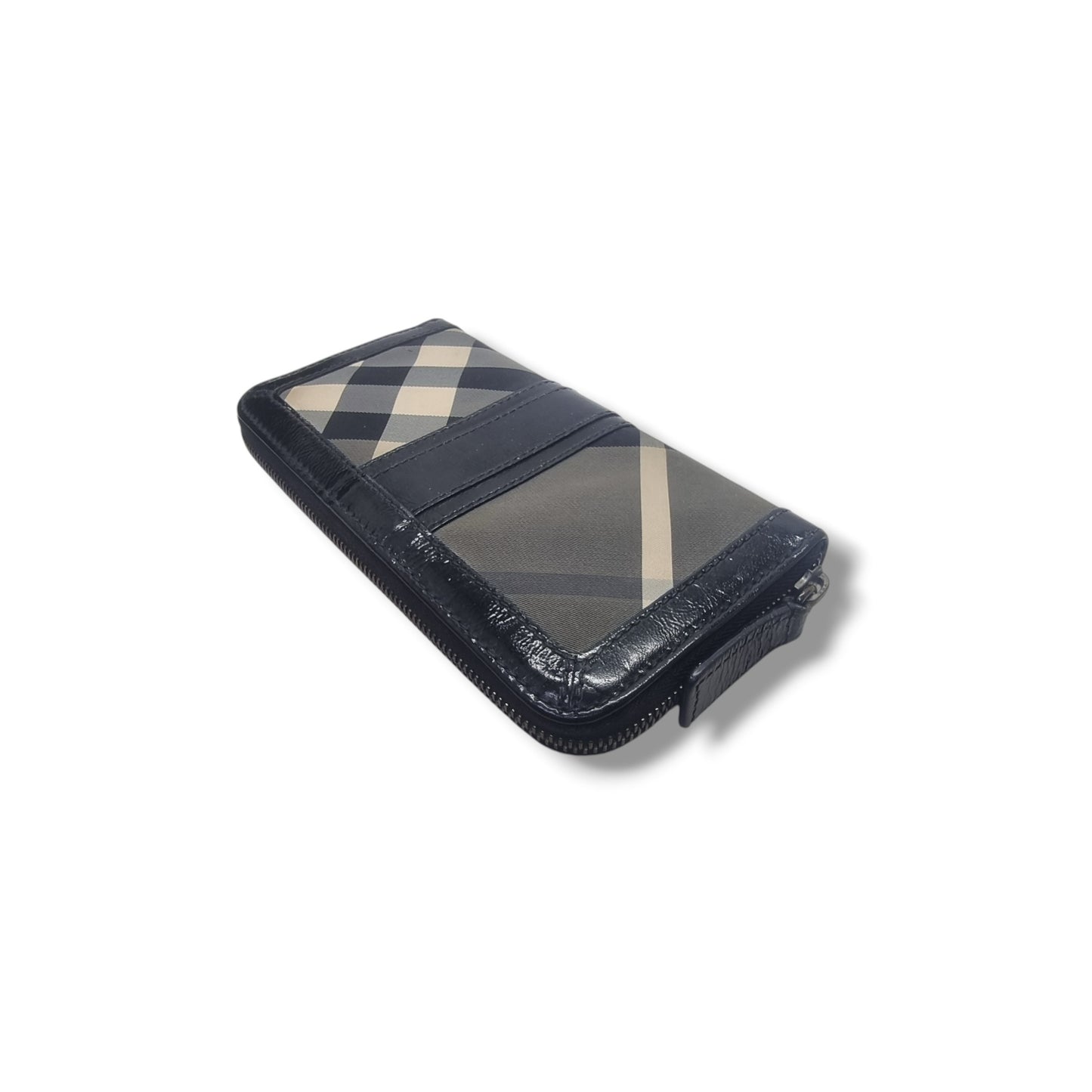 Burberry Zip Around Wallet Beat Check Nylon Patent Leather Shw (Black)