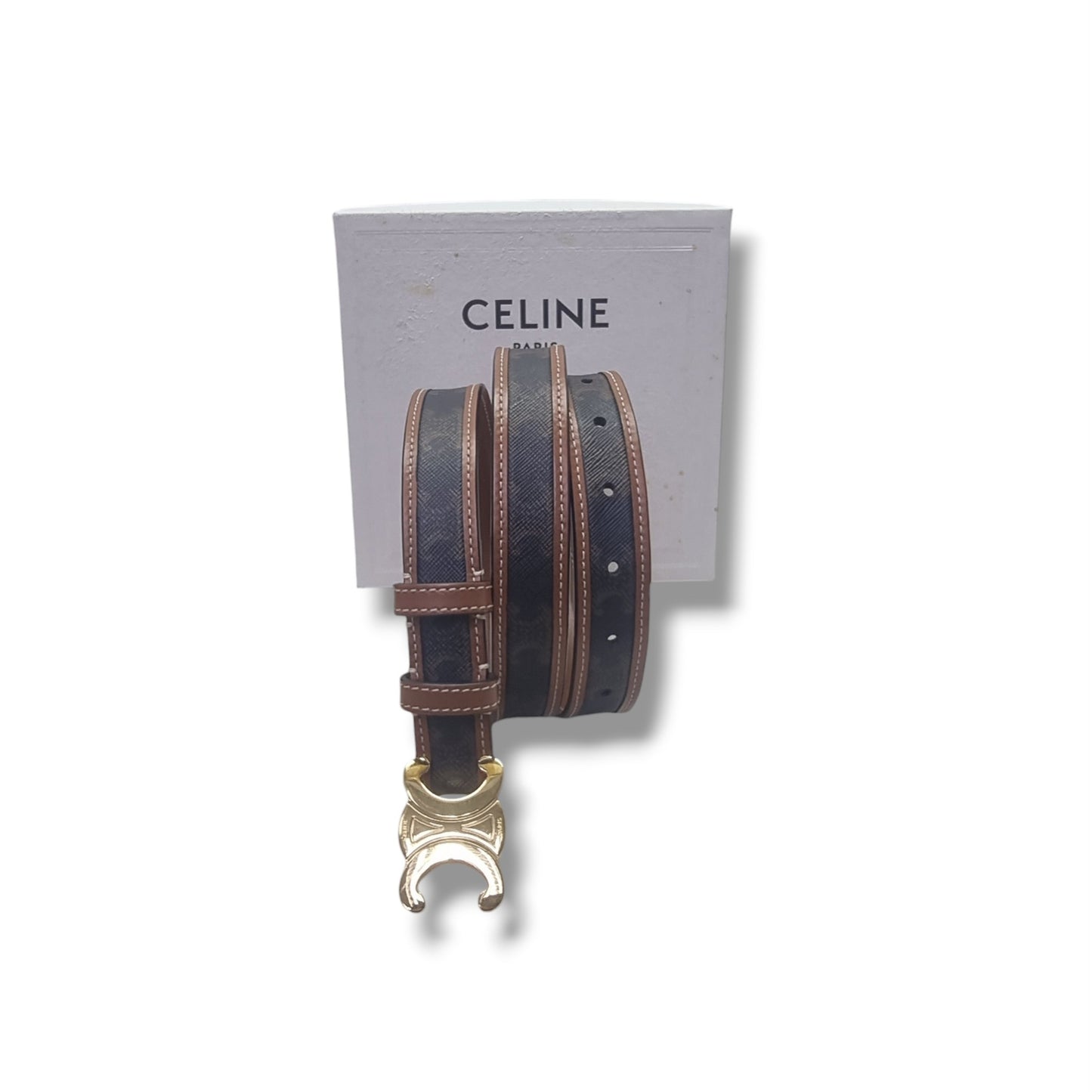 Celine  Belt Triomphe Medium Canvas & Leather Ghw (Tan/Brown)