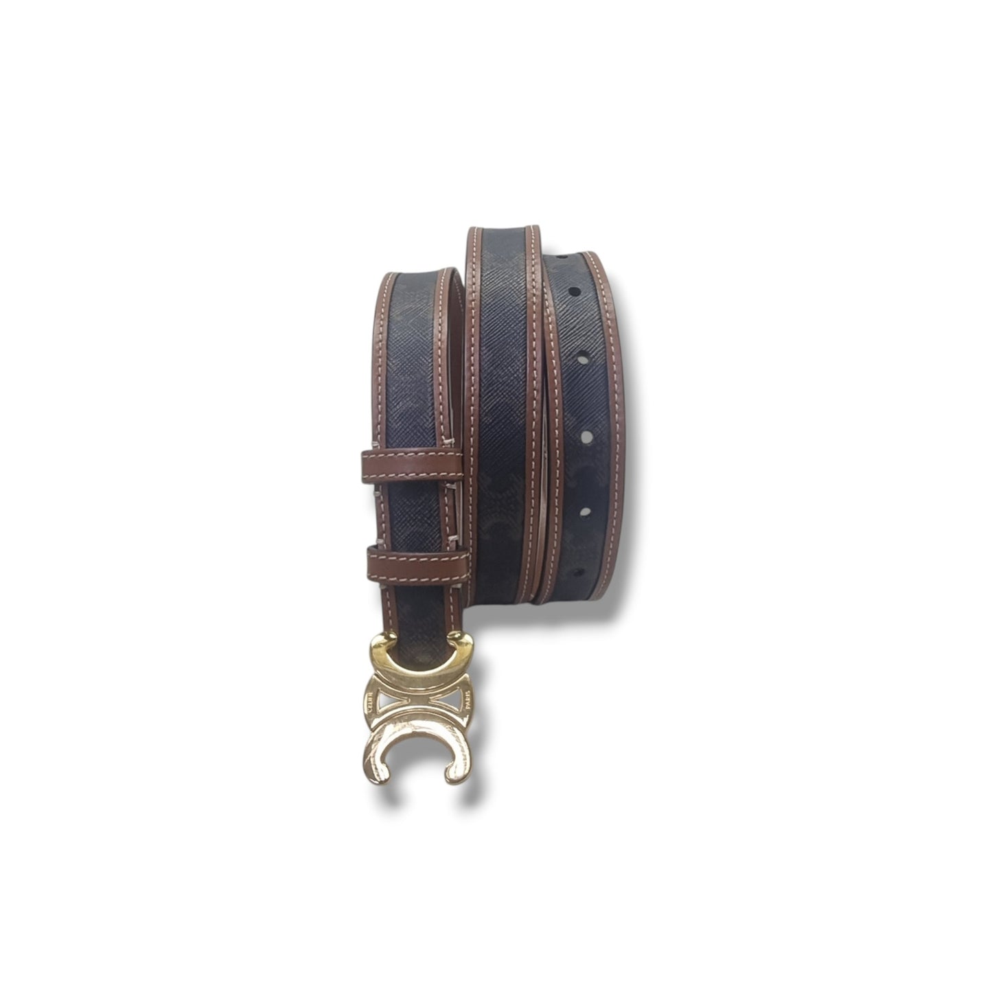 Celine  Belt Triomphe Medium Canvas & Leather Ghw (Tan/Brown)