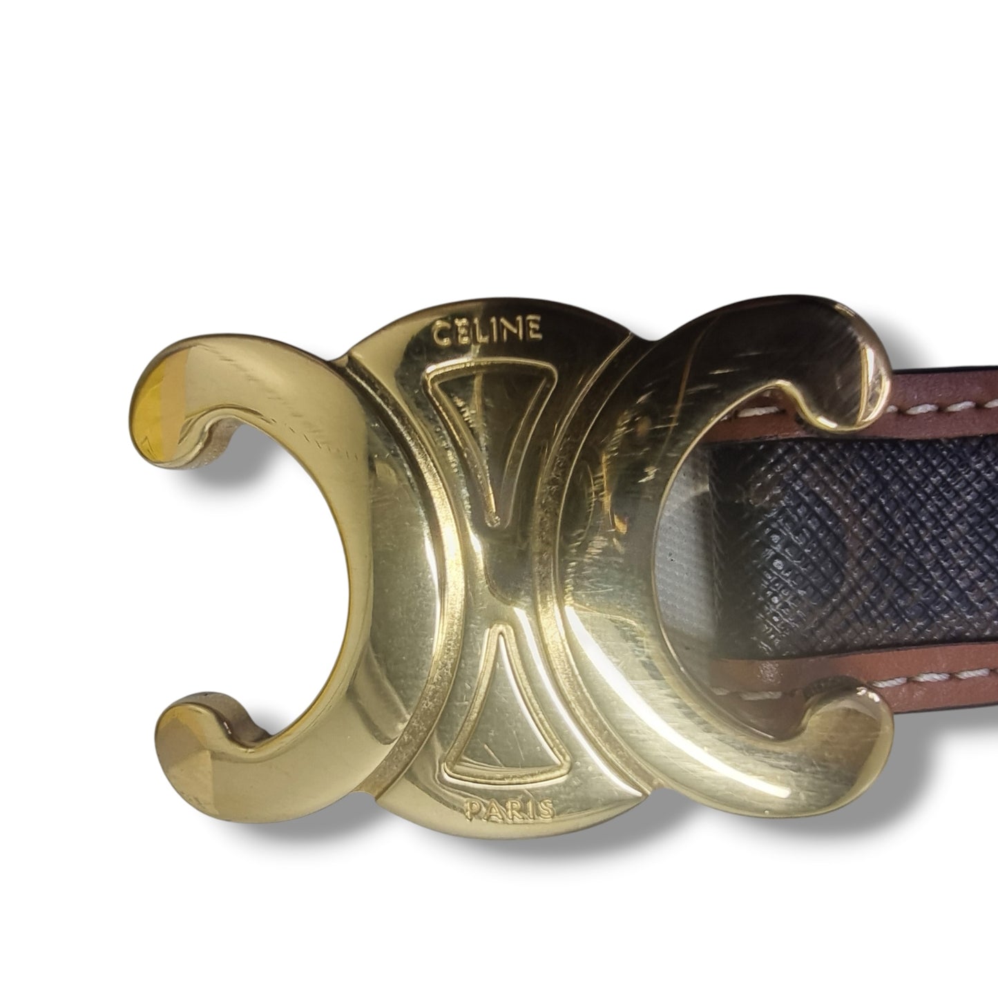 Celine  Belt Triomphe Medium Canvas & Leather Ghw (Tan/Brown)