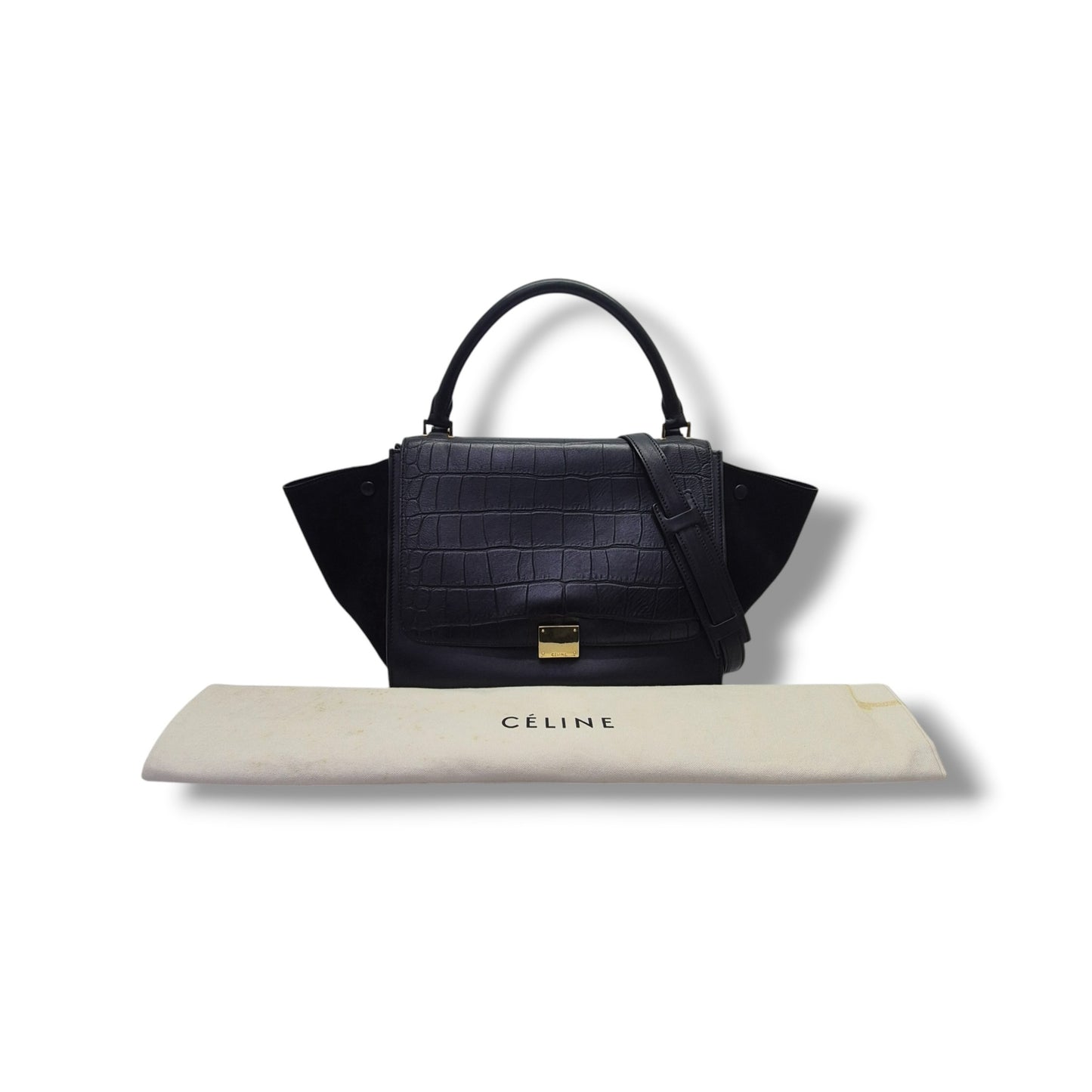 Celine Trapeze Medium Crocodile Embossed Tote Bag Ghw (Black)