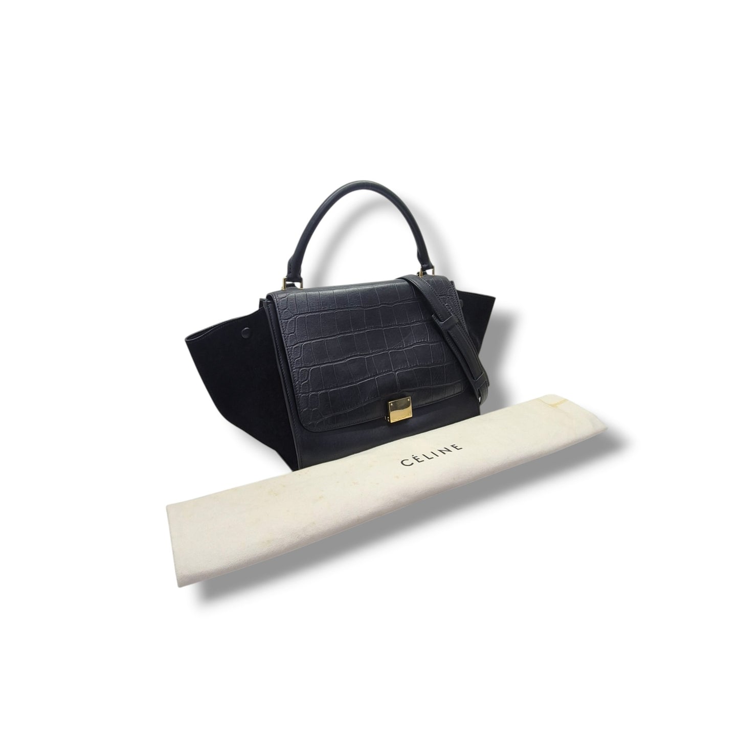 Celine Trapeze Medium Crocodile Embossed Tote Bag Ghw (Black)