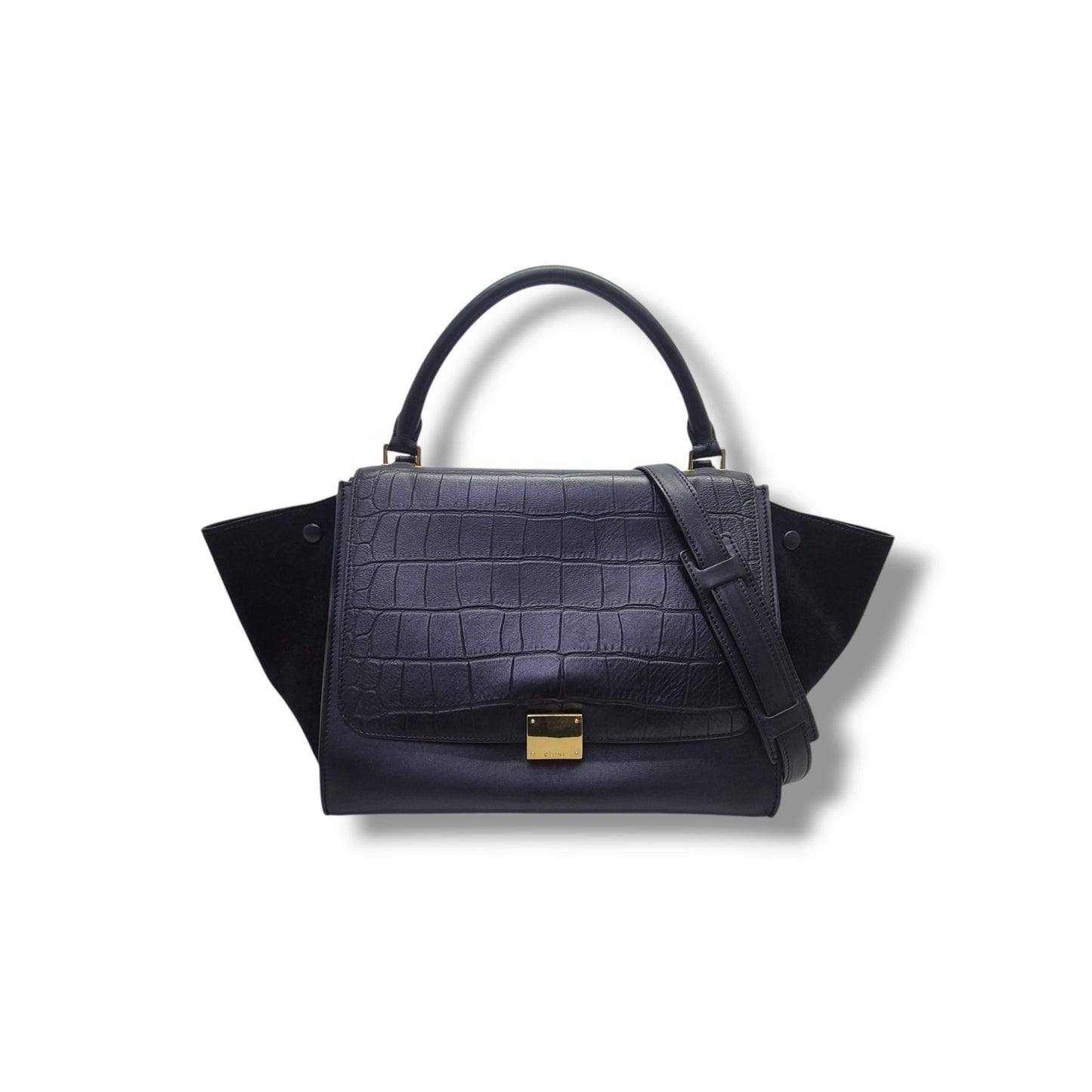 Celine Trapeze Medium Crocodile Embossed Tote Bag Ghw (Black)