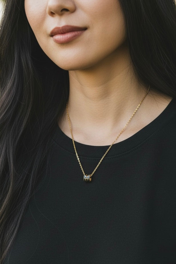 Hermes Necklace Pendant Mini Pop H Gold Plated (Black)