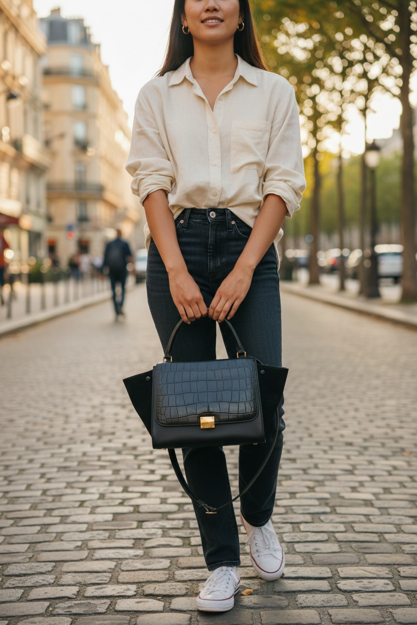 Celine Trapeze Medium Crocodile Embossed Tote Bag Ghw (Black)