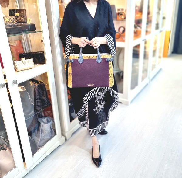 Burberry Python Grainy Leather Hse Chk Banner ElderberryTote Ghw (Mahogany/Purple/Yellow/Blue)