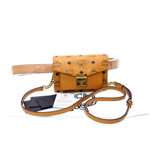 MCM Mini Patricia Coated Canvas Belt Bag Ghw (Cognac Ghw)