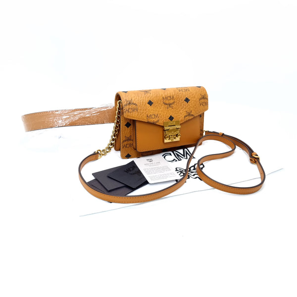MCM Mini Patricia Coated Canvas Belt Bag Ghw (Cognac Ghw)