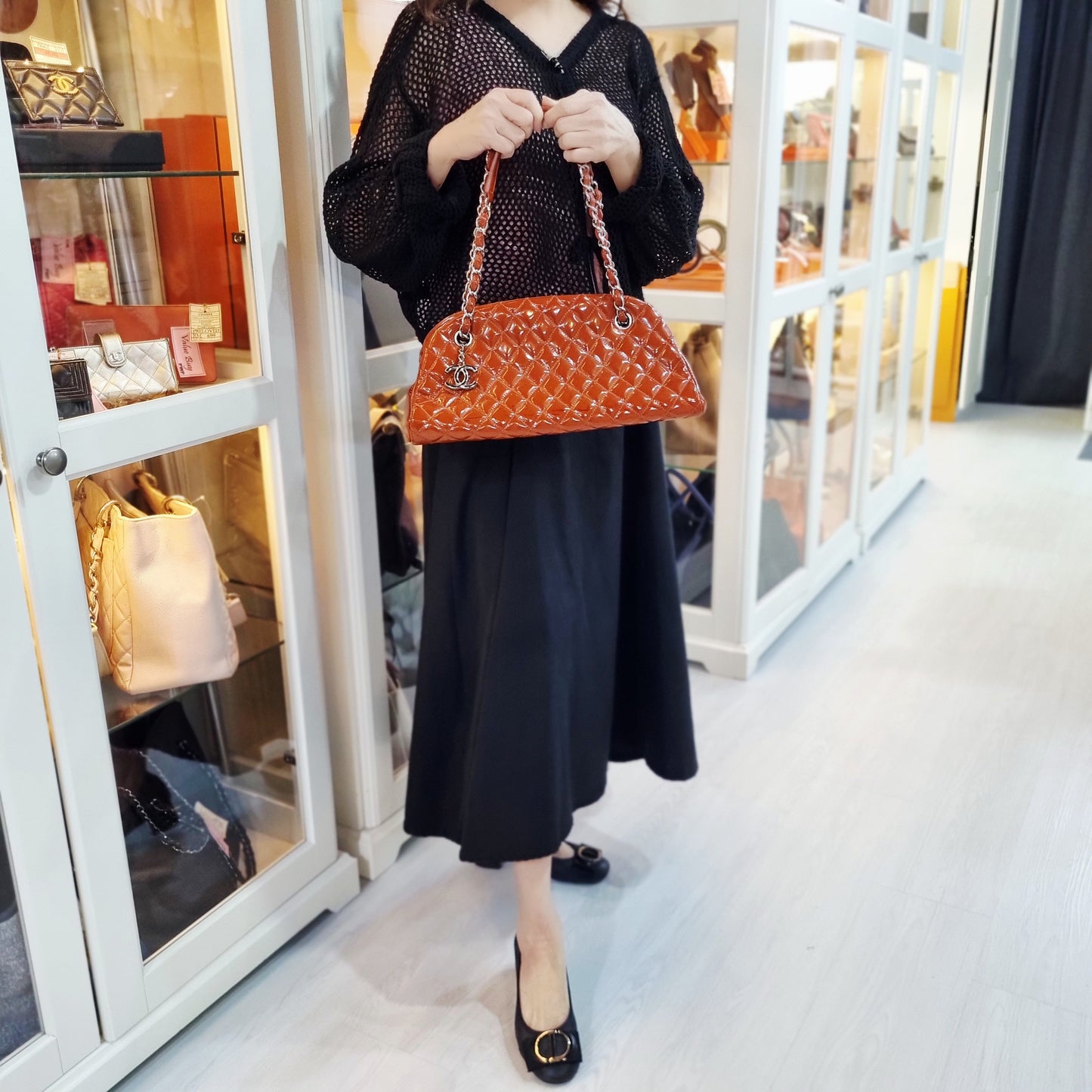 Chanel Mademoiselle Patent Leather Bowler Bag Shw (Brown)