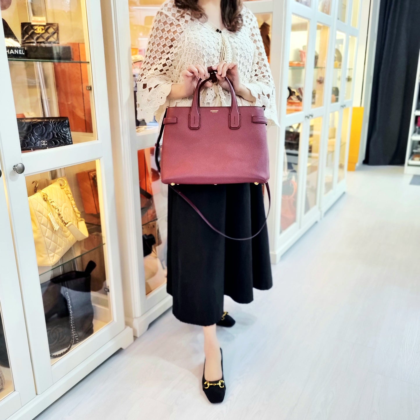 Burberry Banner House Check Leather Tote Bag Ghw (Burgundy)