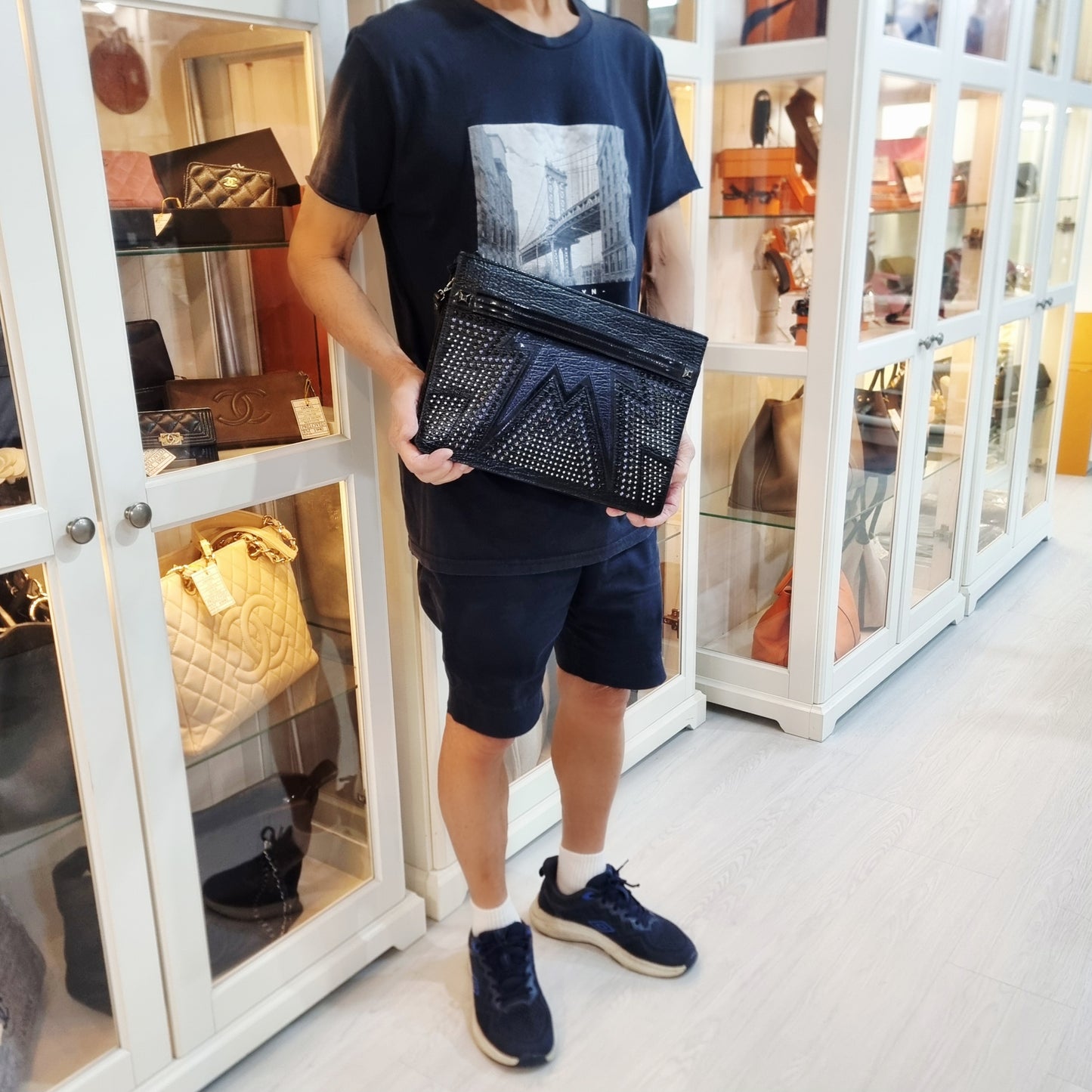 MCM Cyber Studded Leather Clutch Shw (Black/Blue)