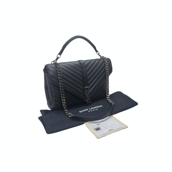 YSL College Large Chevron Quilted Leather Shw (Black)