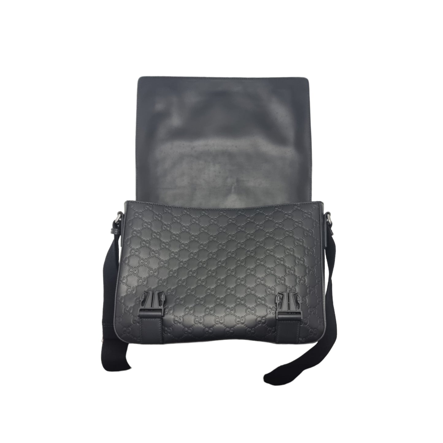 Gucci Signature Leather Messenger Bag Shw (Black)