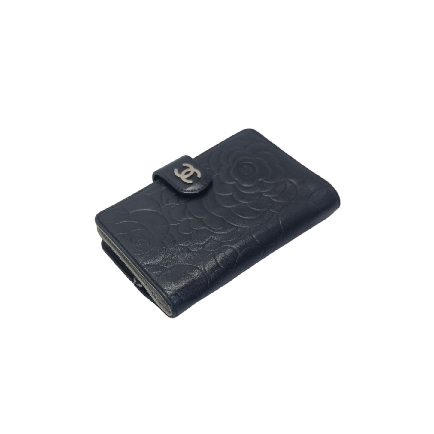 Chanel Camelia Embossed Compact Wallet Lambskin Shw (Black/Silver)