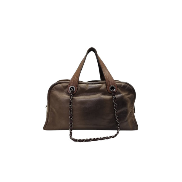 Chanel Mix Timeless Calfskin Leather & Quilted Glazed Bowler Bag Aged Silver Hw (Brown)