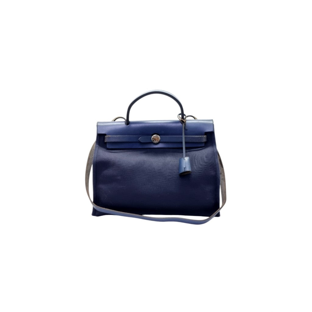 Hermes Herbag Pm 31 (2 in 1) Palladium Plated Hw (Dark Blue/Beige)