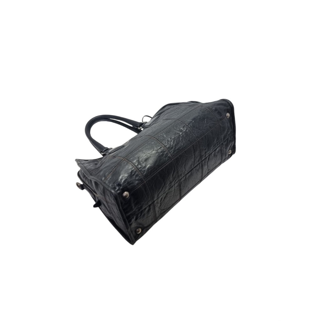 Prada BR3107 Vintage Bauletto Double Stitch Leather Tote Bag Shw (Black)