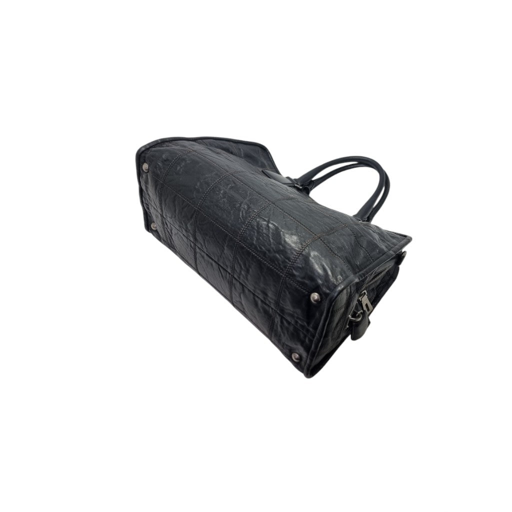 Prada BR3107 Vintage Bauletto Double Stitch Leather Tote Bag Shw (Black)