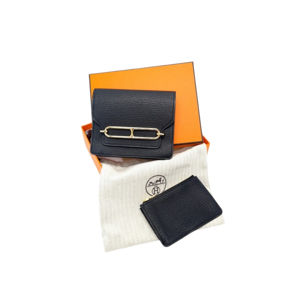 Hermes Roulis Slim Wallet Mysore Goatskin Permabrass Plated Hardware (Black)