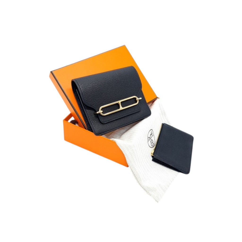 Hermes Roulis Slim Wallet Mysore Goatskin Permabrass Plated Hardware (Black)