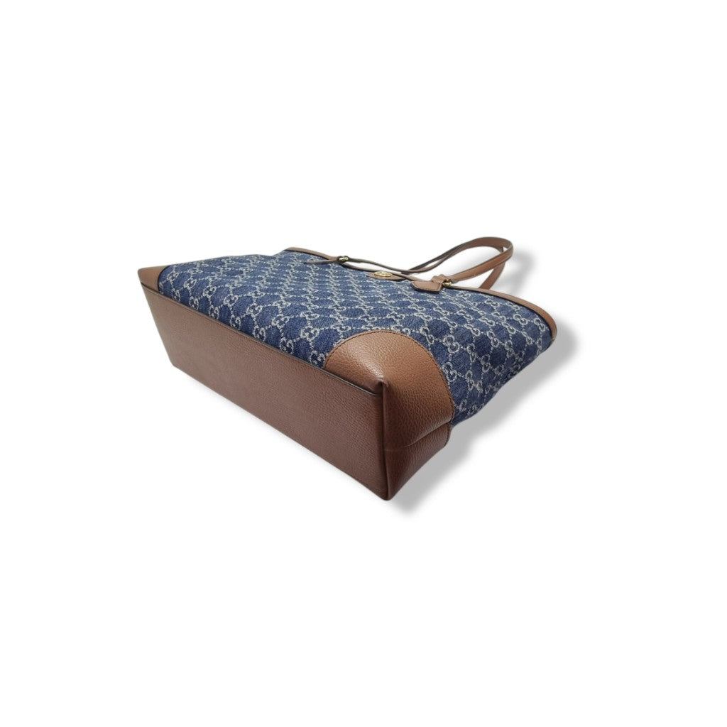 Gucci GG Ophidia Medium Jacquard Denim & Leather Shoulder Bag Ghw (Blue/Brown)