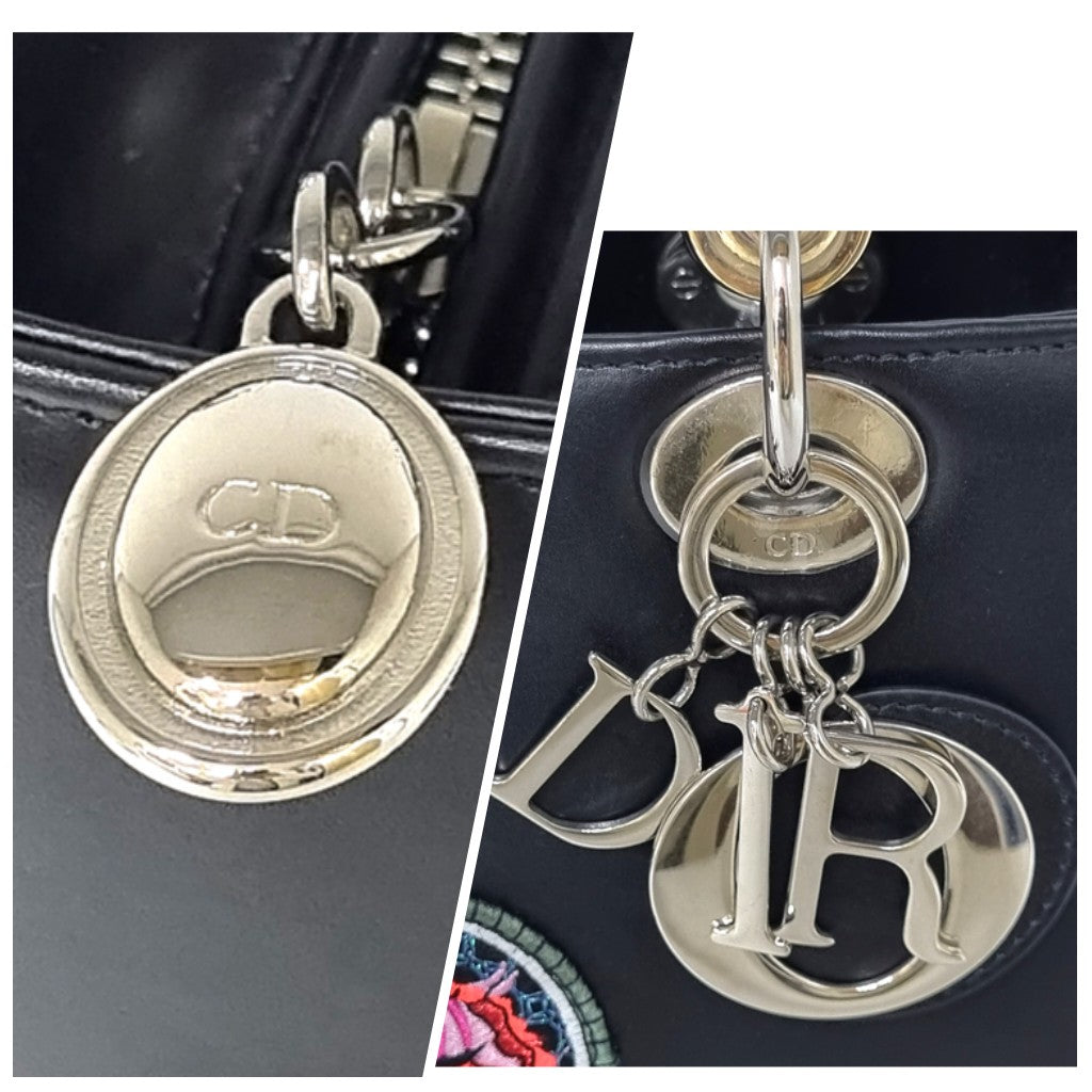 Christian Dior Lady Dior Medium Cannage Lambskin Patch Embellished Shw (Black)