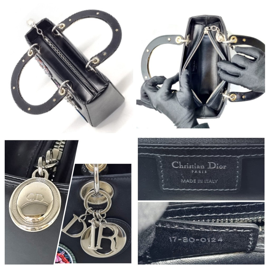 Christian Dior Lady Dior Medium Cannage Lambskin Patch Embellished Shw (Black)