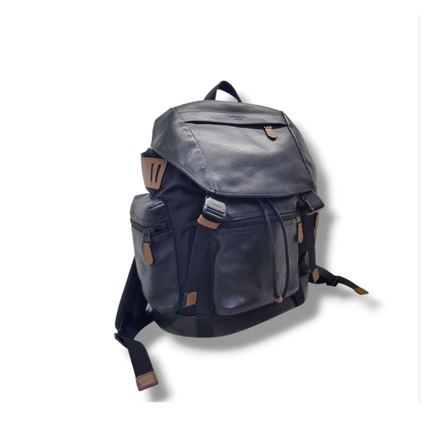 Coach Terrain Trek Backpack Perforated Leather & Nylon Black Hw (Black)