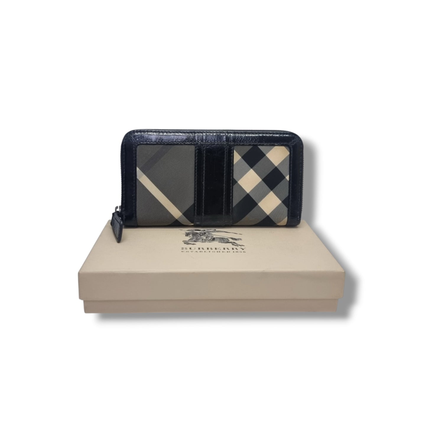 Burberry Zip Around Wallet Beat Check Nylon Patent Leather Shw (Black)