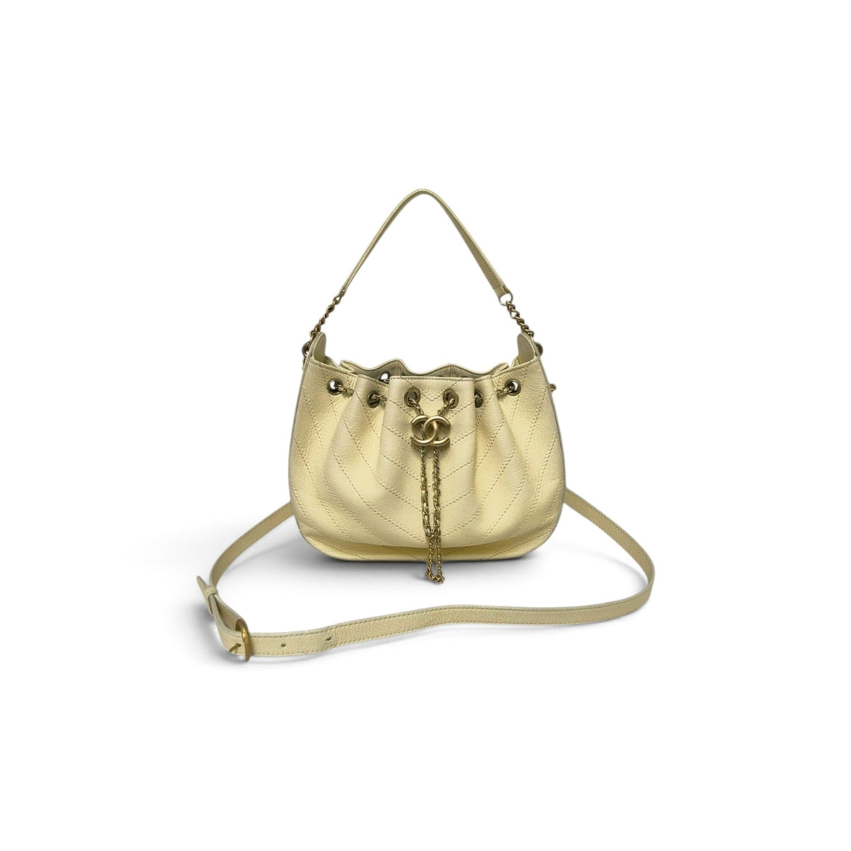 Chanel Chevron Grained Calfskin Drawstring Bucket Bag Ghw (Light Yellow)