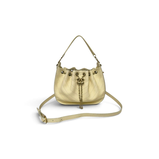 Chanel Chevron Grained Calfskin Drawstring Bucket Bag Ghw (Light Yellow)