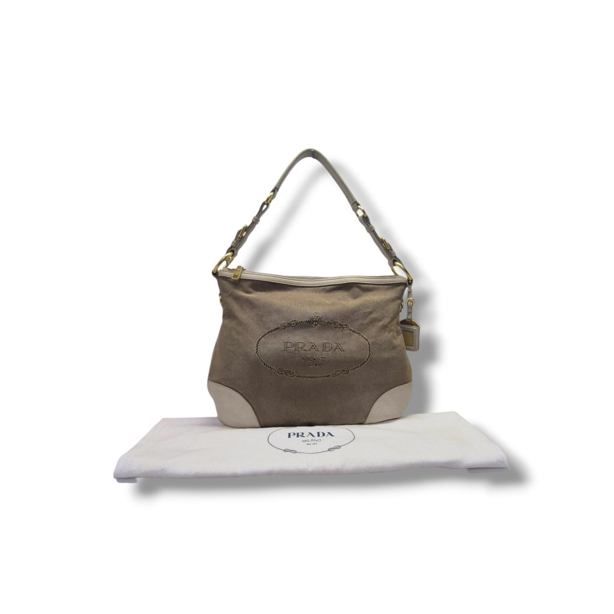 Prada Logo Jacquard Canvas Hobo Bag Ghw (Beige)
