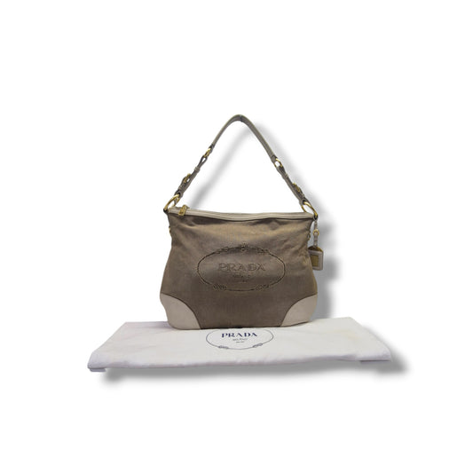 Prada Logo Jacquard Canvas Hobo Bag Ghw (Beige)