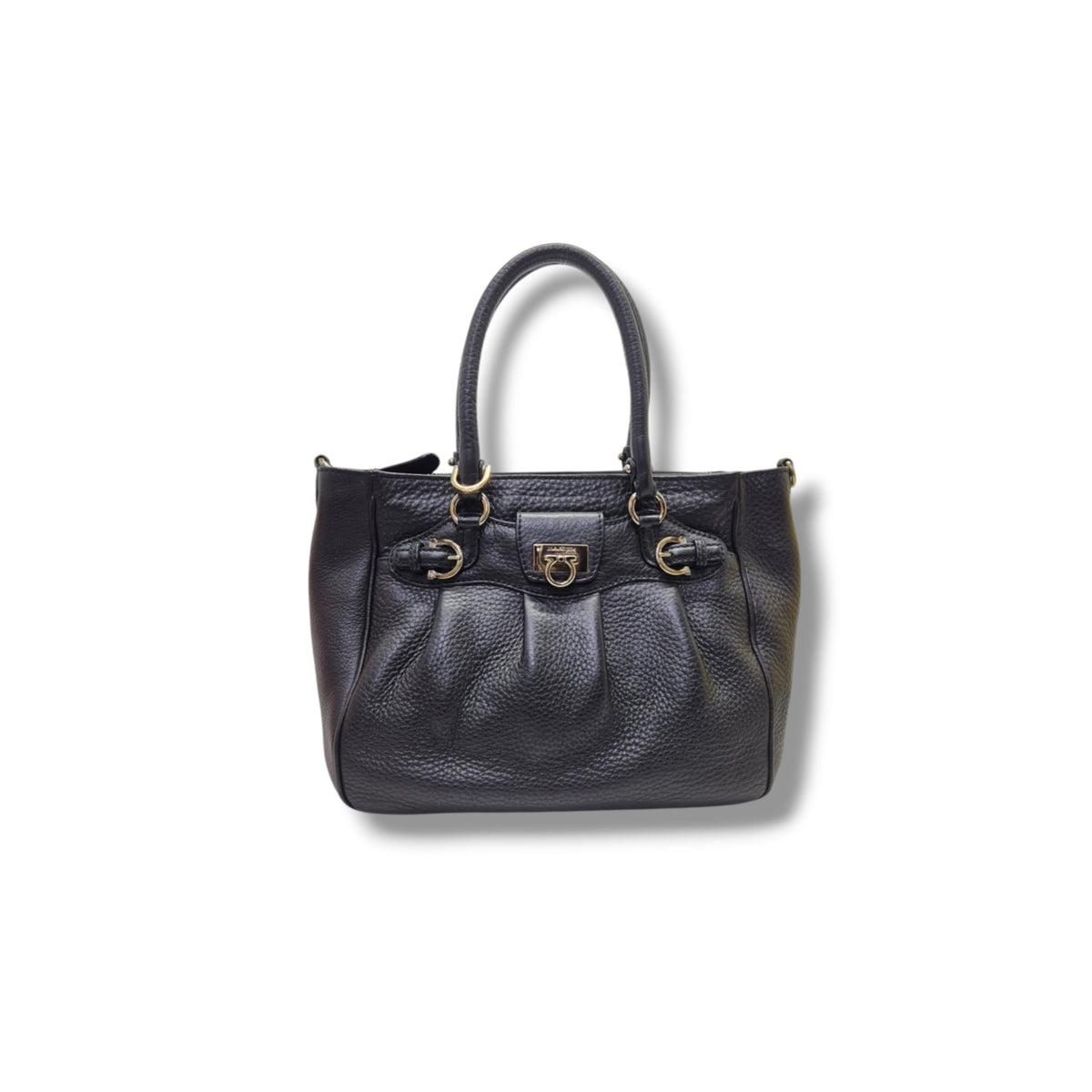 Salvatore Ferragamo Gancini Grained Calfskin Leather Tote Ghw (Black)