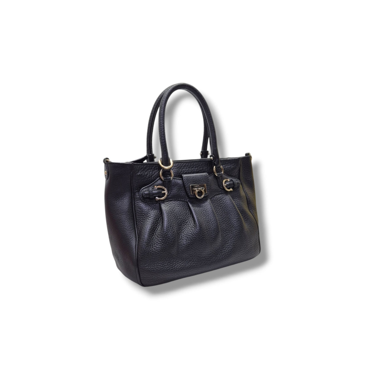 Salvatore Ferragamo Gancini Grained Calfskin Leather Tote Ghw (Black)