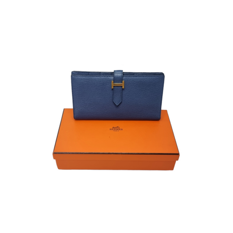 Hermes Bearn Compact Wallet Chevre Leather Ghw (Blue)