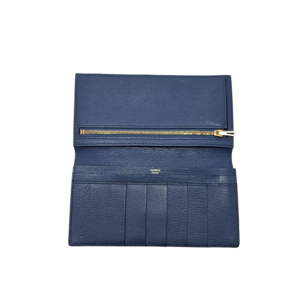 Hermes Bearn Compact Wallet Chevre Leather Ghw (Blue)