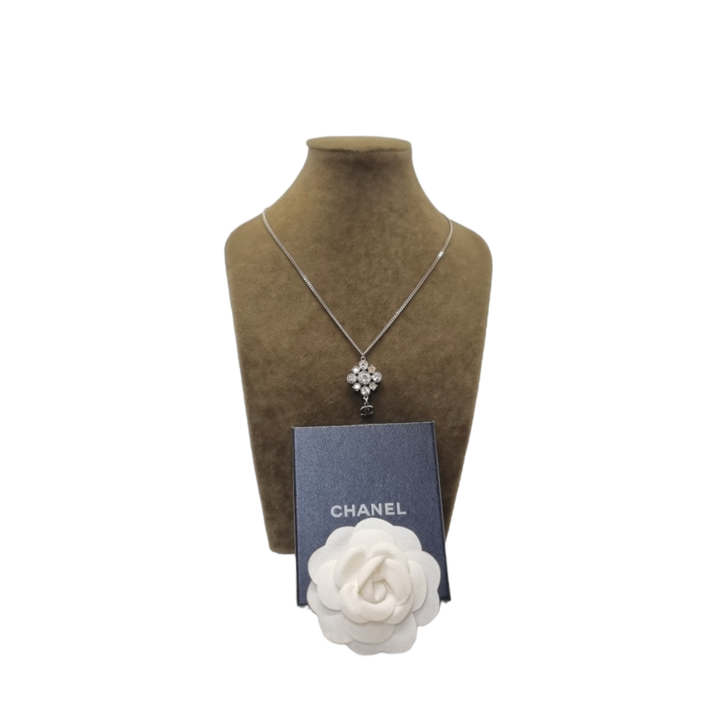 Chanel Necklace CC Logo Argyle Crystal Studs Silver