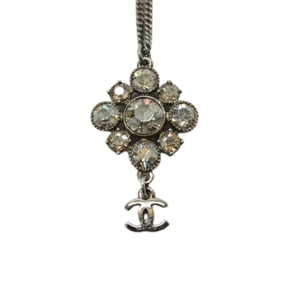 Chanel Necklace CC Logo Argyle Crystal Studs Silver