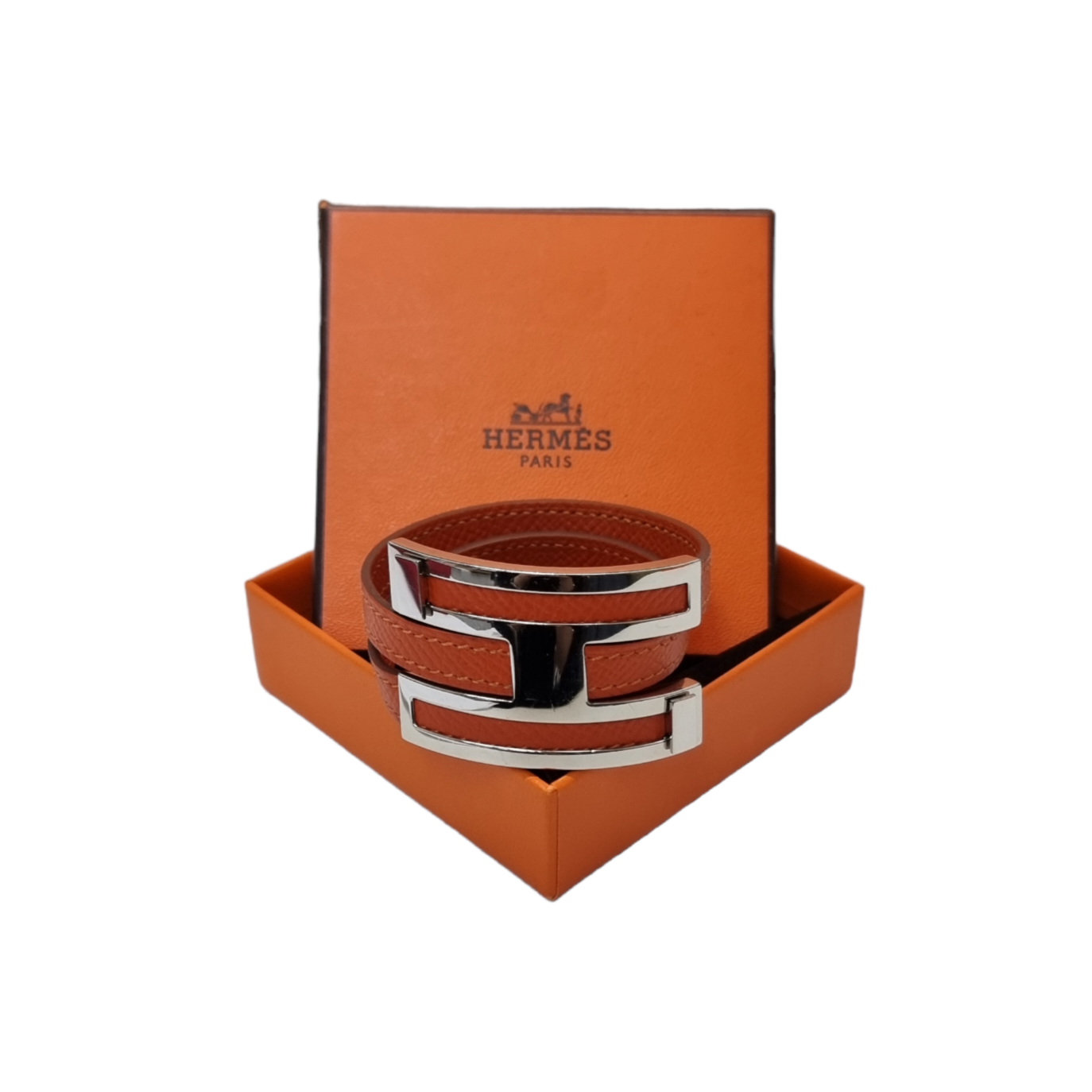 Hermes Chamonix Pousse Bracelet Calfskin Leather Palladium Hw (Orange)