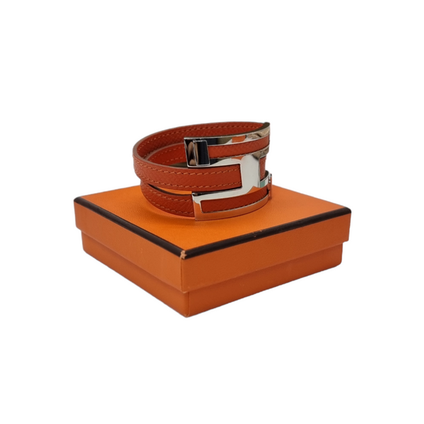 Hermes Chamonix Pousse Bracelet Calfskin Leather Palladium Hw (Orange)