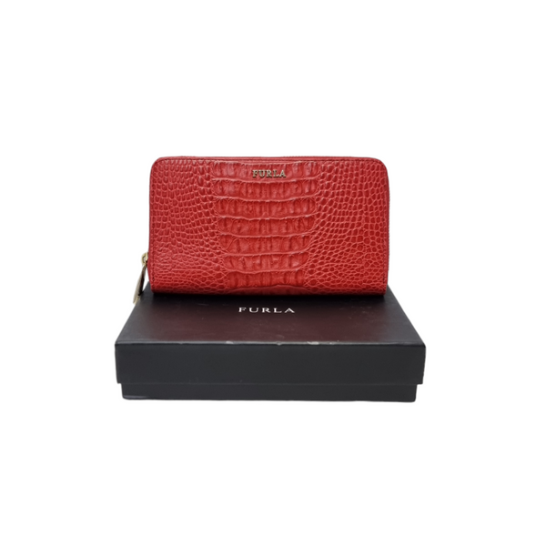 Furla Wallet Zippy Long Big Embossed Croc Leather Ghw (Red)