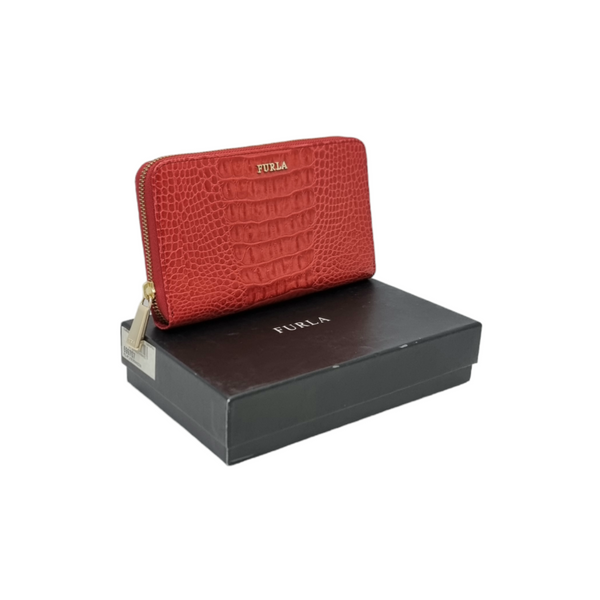 Furla Wallet Zippy Long Big Embossed Croc Leather Ghw (Red)