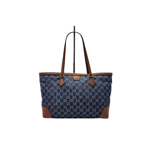 Gucci GG Ophidia Medium Jacquard Denim & Leather Shoulder Bag Ghw (Blue/Brown)