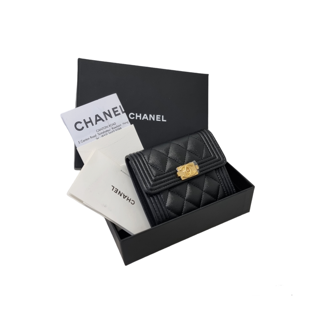 Chanel Boy Trifold Compact Wallet Caviar Ghw Black ValiseLaBel