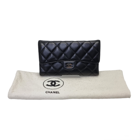 Chanel Trifold Wallet Long Lambskin Shw (Black)