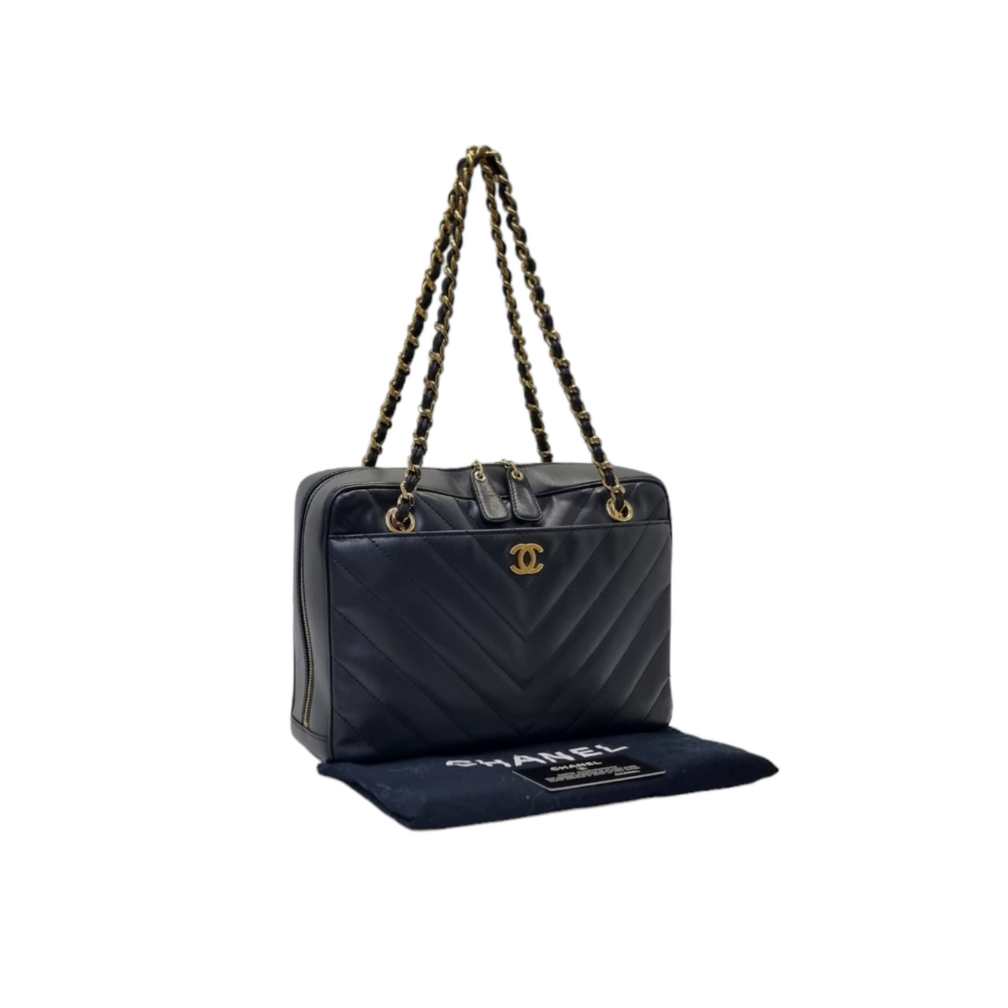 Chanel V-Stitch Chevron Quilted Chain Leather Shoulder Bag Ghw (Black)