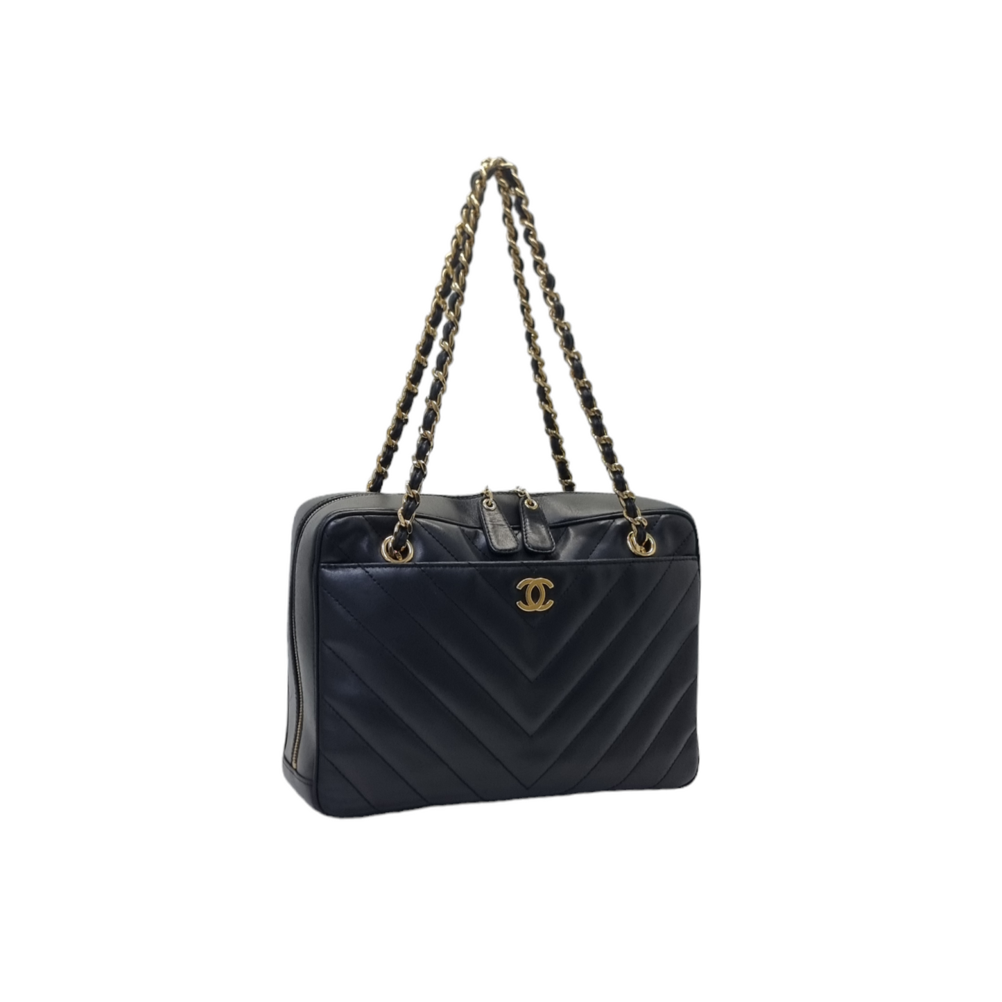 Chanel V-Stitch Chevron Quilted Chain Leather Shoulder Bag Ghw (Black)