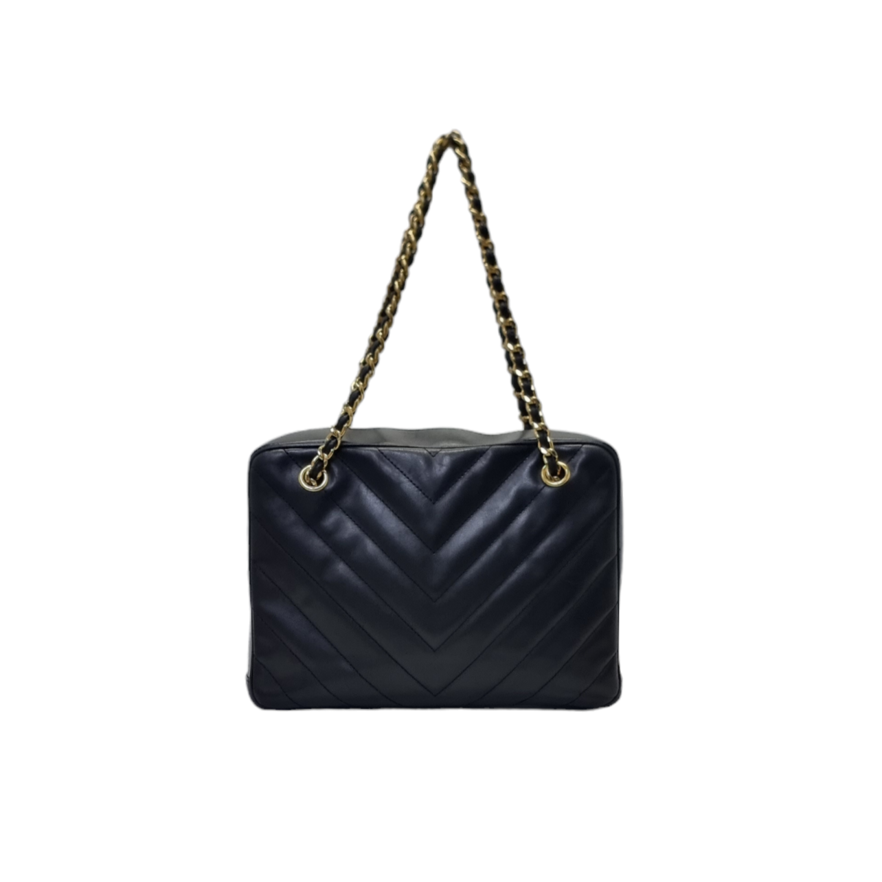 Chanel V-Stitch Chevron Quilted Chain Leather Shoulder Bag Ghw (Black)