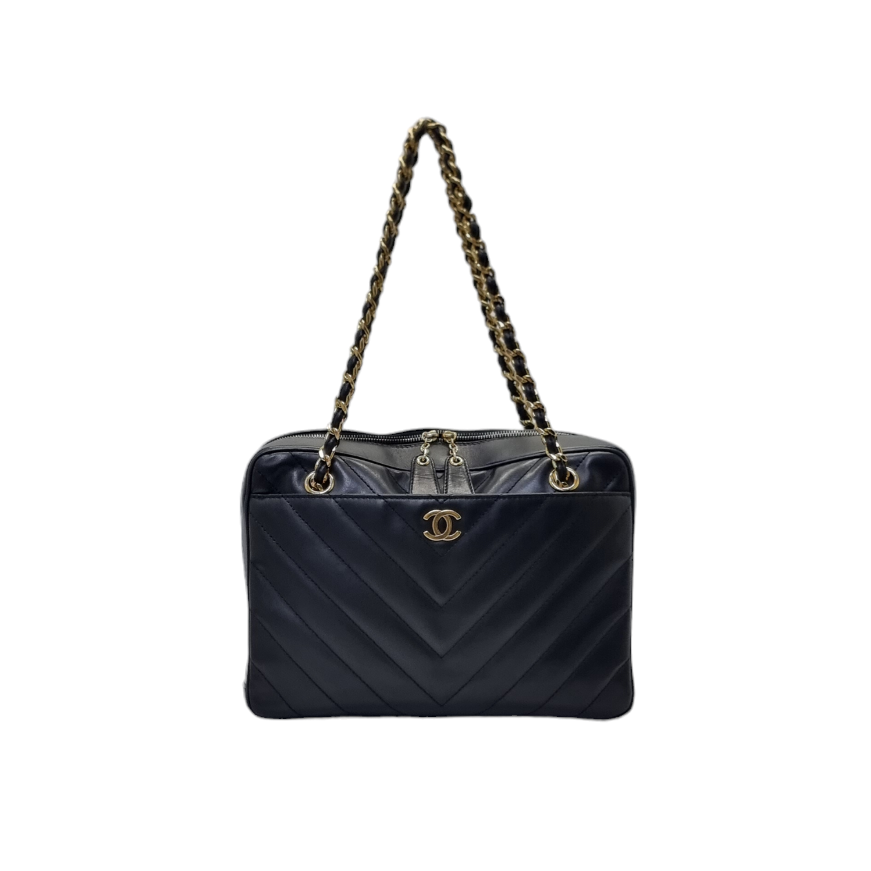 Chanel V-Stitch Chevron Quilted Chain Leather Shoulder Bag Ghw (Black)